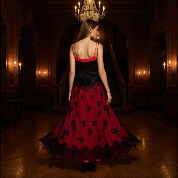 Nasty Gal ✦ Gothic Maxi Dress ✦ Red/Black Lace w/ Sheer Overlay & Beading XS NWT - Picture 9 of 11